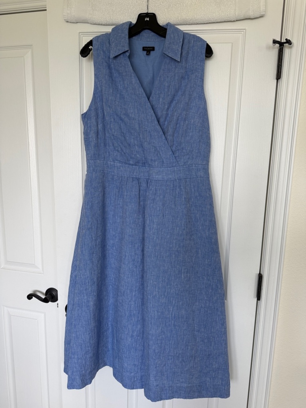 Talbots 100% Linen Midi Dress Size 12 Chambray Blue Sleeveless Fit Flare Lined